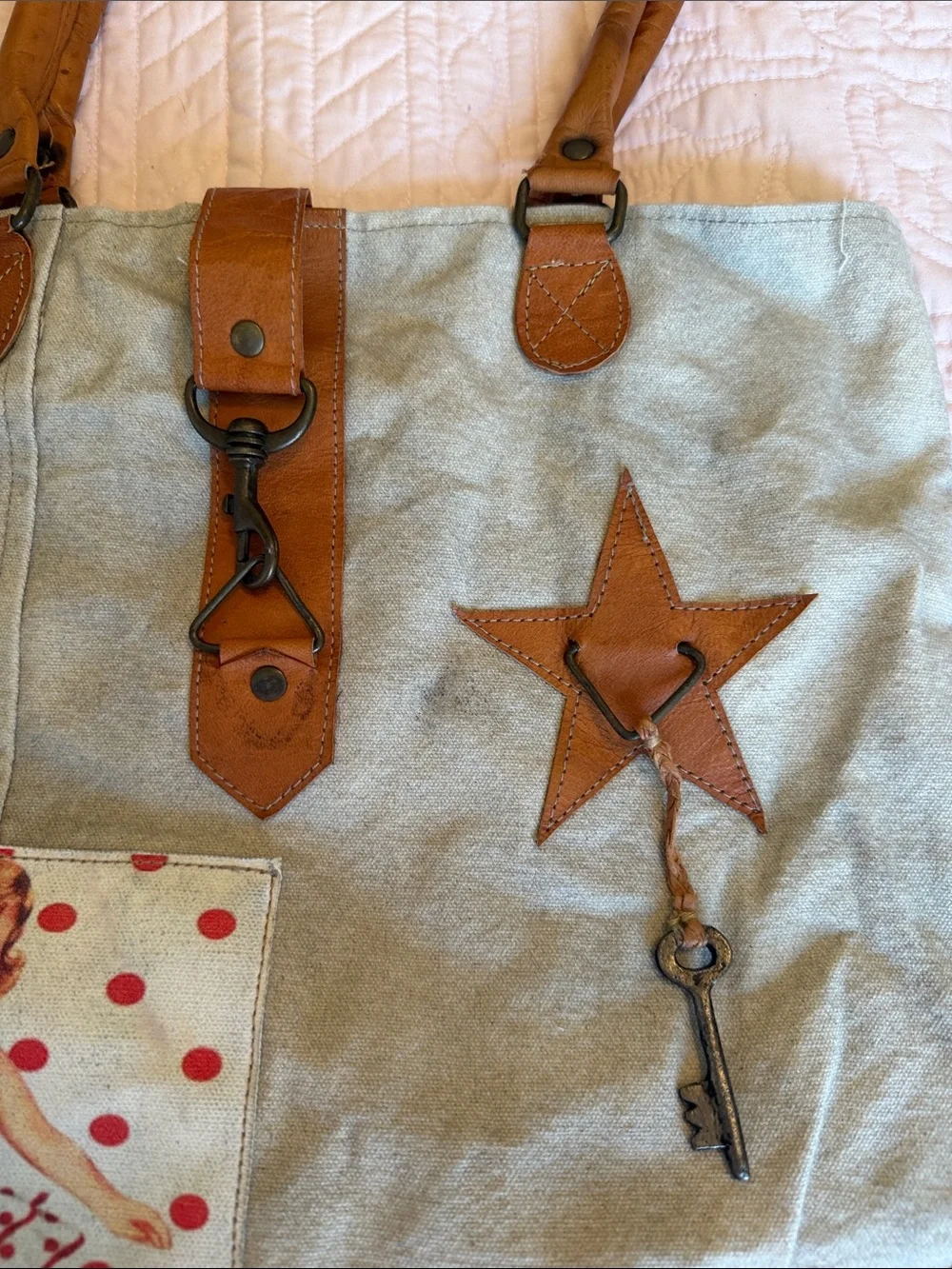 Canvas Tote with Tan Trim and Star Key Charm - Picture 3 of 9